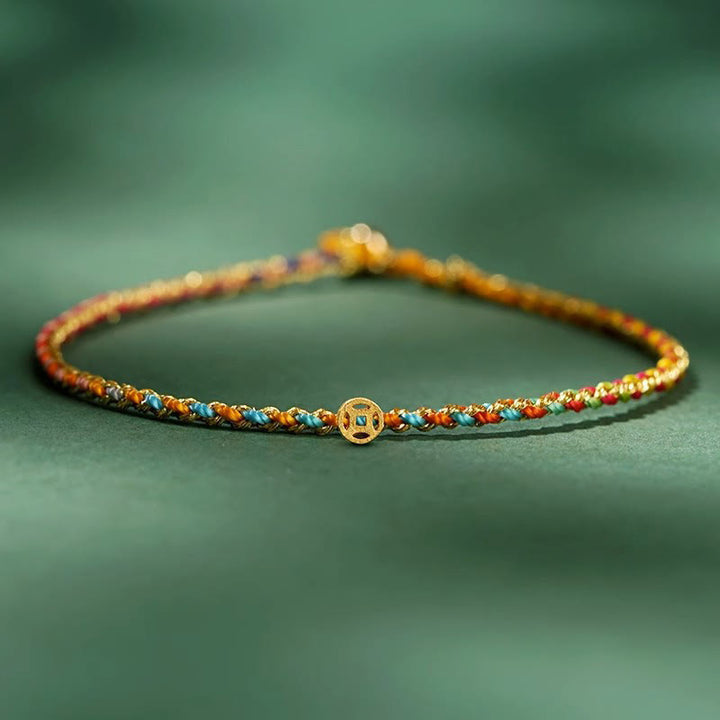 Buddha Stones Colorful Rope Luck Coin Bead Abundance Extra Thin Braided Bracelet - Colorful - Rope With Copper Coin - 20cm - image 0