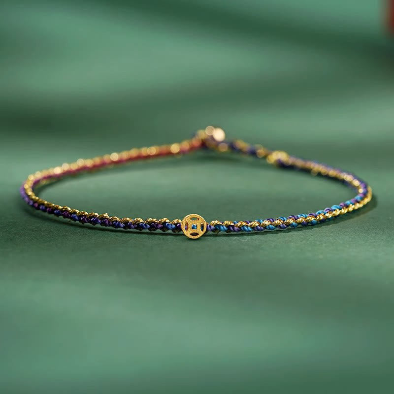 Buddha Stones Colorful Rope Luck Coin Bead Abundance Extra Thin Braided Bracelet - Dark Blue - Rope With Copper Coin - 20cm - image 18