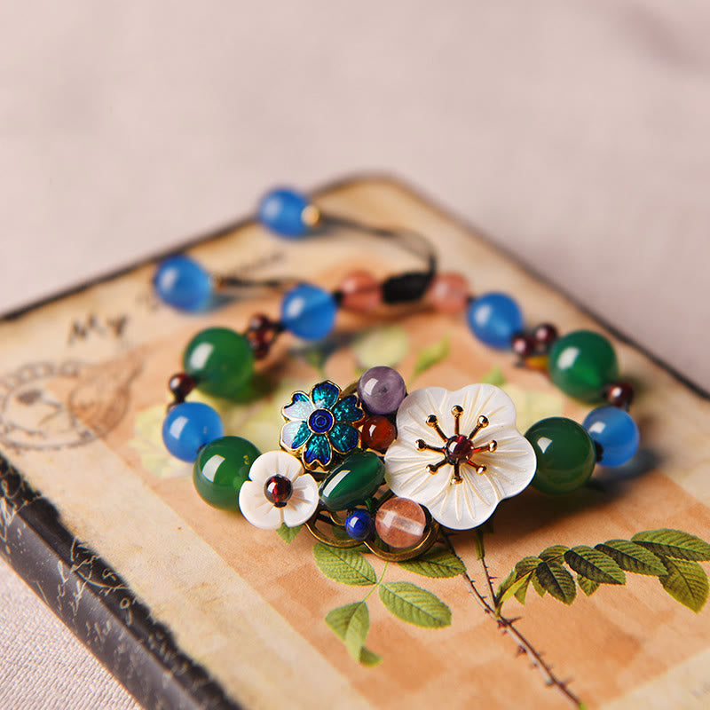 Buddha Stones Agate Shell Flower Support Bracelet - Green Agate&Blue Agate(Wrist Circumference: 5.5-7.9in) - image 0