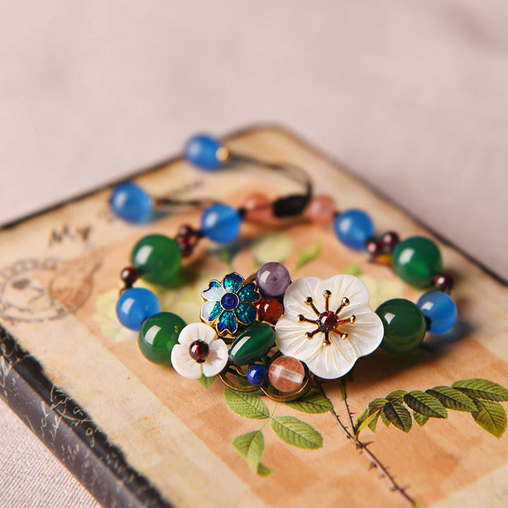 Buddha Stones Agate Shell Flower Support Bracelet - Green Agate&Blue Agate(Wrist Circumference: 5.5-7.9in) - image 0