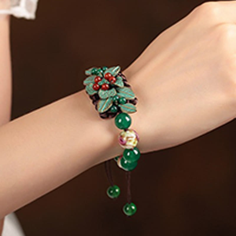Buddha Stones Green Agate Glass Flower Beads Braided Knot Support Bracelet - image 4