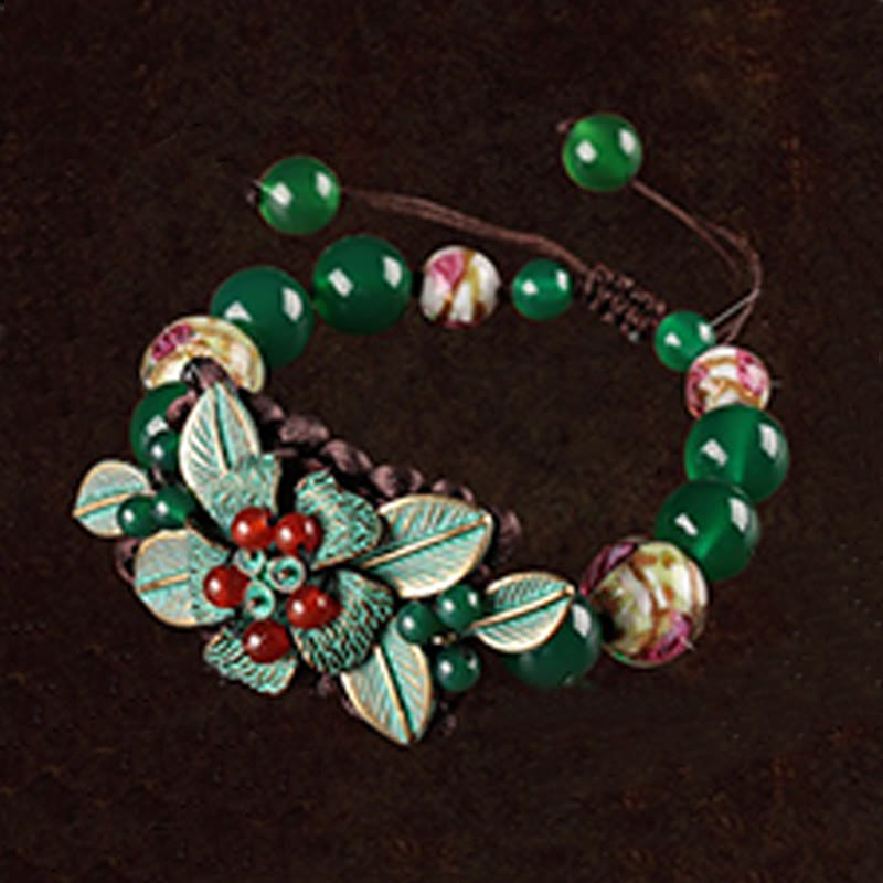 Buddha Stones Green Agate Glass Flower Beads Braided Knot Support Bracelet - image 2