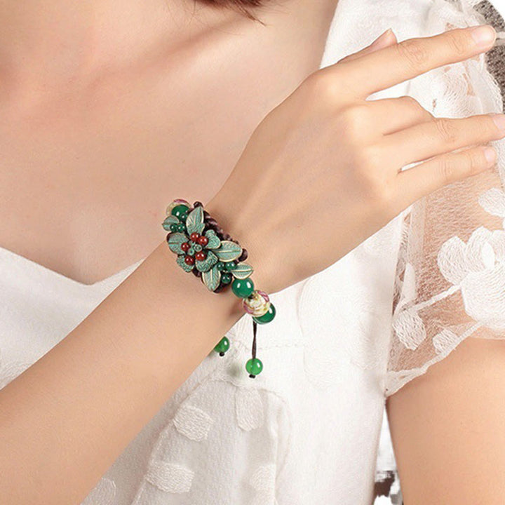 Buddha Stones Green Agate Glass Flower Beads Braided Knot Support Bracelet - image 10