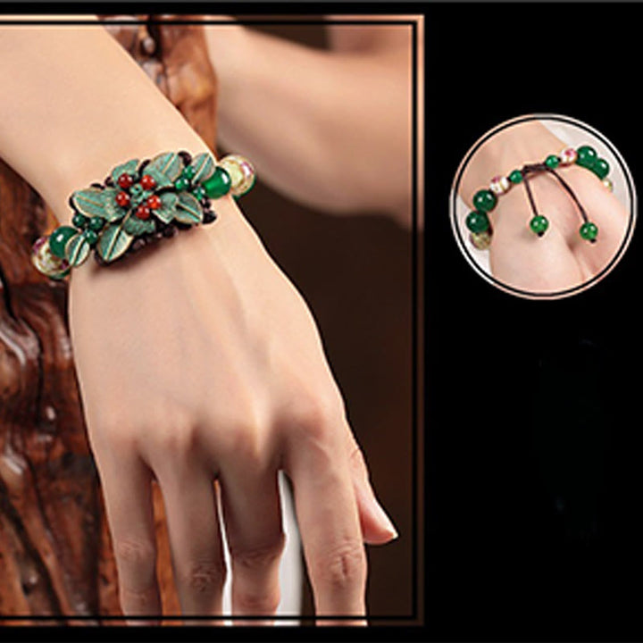 Buddha Stones Green Agate Glass Flower Beads Braided Knot Support Bracelet - image 8
