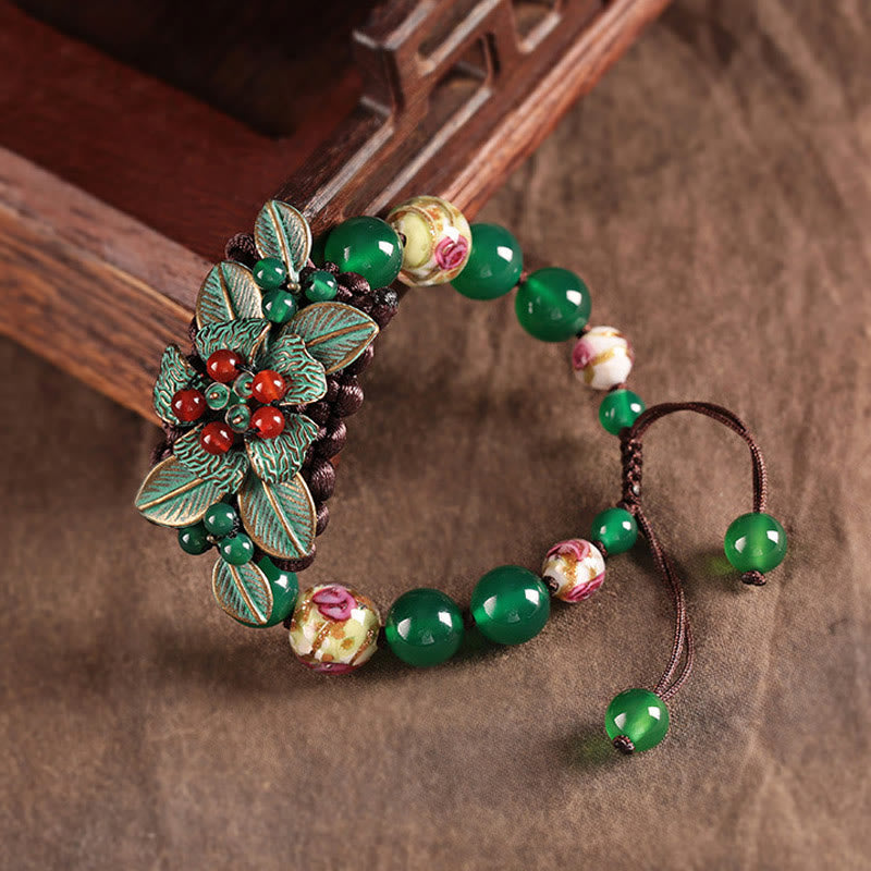 Buddha Stones Green Agate Glass Flower Beads Braided Knot Support Bracelet - image 1