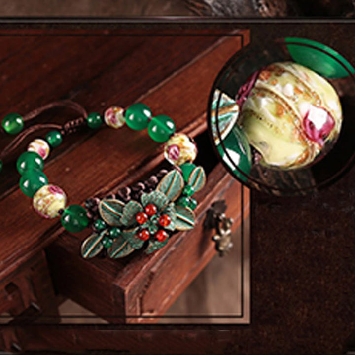 Buddha Stones Green Agate Glass Flower Beads Braided Knot Support Bracelet - image 7