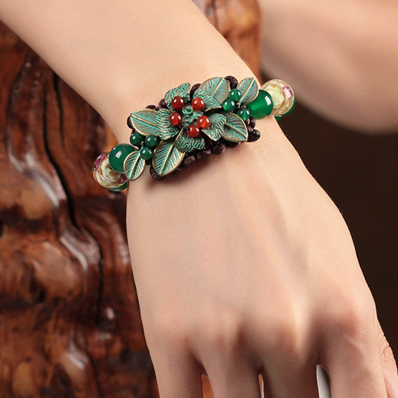 Buddha Stones Green Agate Glass Flower Beads Braided Knot Support Bracelet - image 3