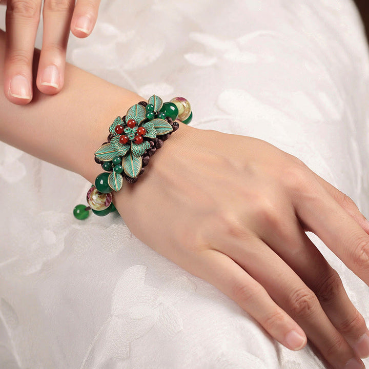 Buddha Stones Green Agate Glass Flower Beads Braided Knot Support Bracelet - image 9