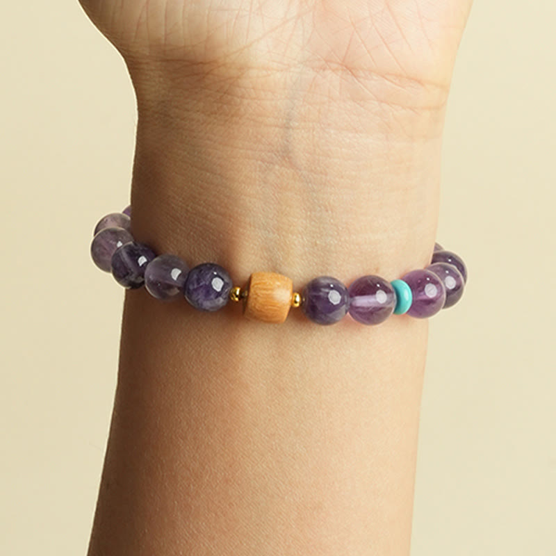 Buddha Stones Natural Amethyst Lucky Wooden Beads Peace Bracelet - image 4