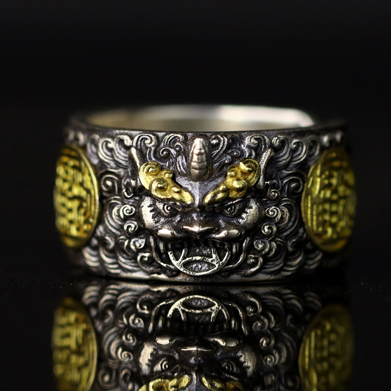 Buddha Stones 925 Sterling Silver PiXiu Copper Coin Brass Wealth Luck Adjustable Ring - image 1