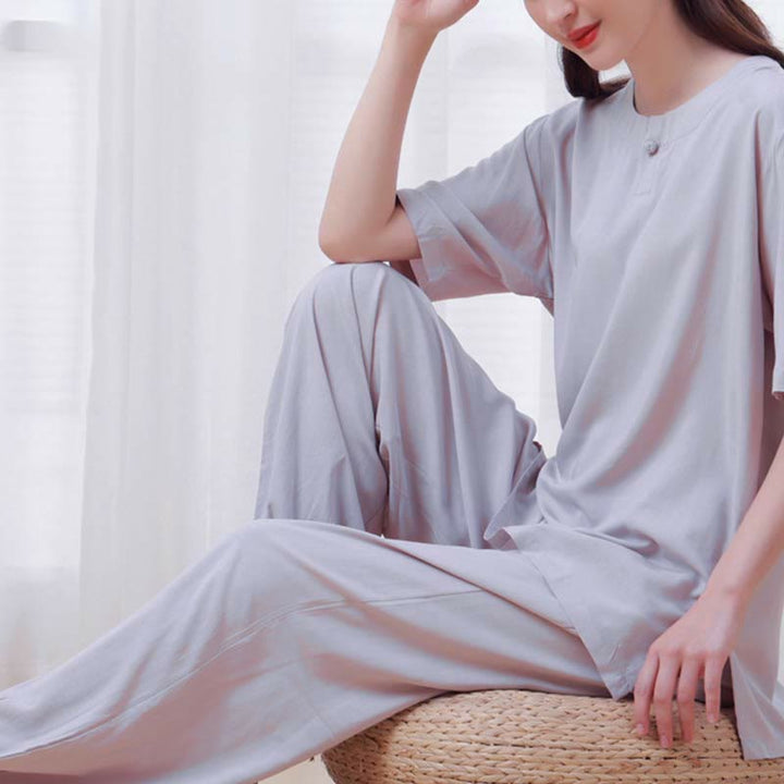 Buddha Stones 2pcs Plain Color Frog-Button Simple Design Crew Neck Design Half Sleeve Shirt Top Elastic Waist Pants Meditation Zen Tai Chi Cotton Clothing Women's Set - image 18