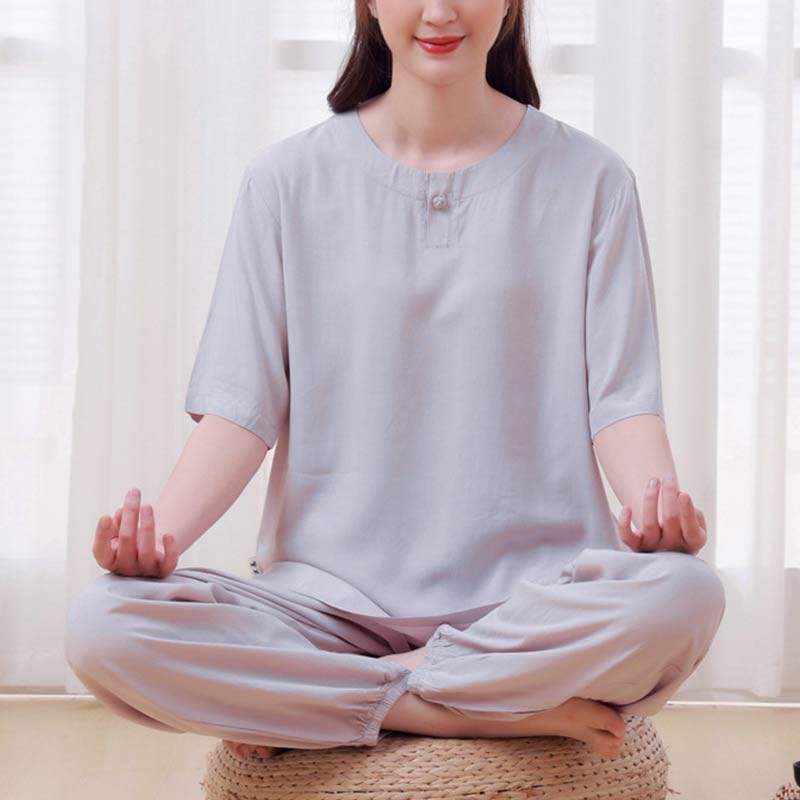 Buddha Stones 2pcs Plain Color Frog-Button Simple Design Crew Neck Design Half Sleeve Shirt Top Elastic Waist Pants Meditation Zen Tai Chi Cotton Clothing Women's Set - image 16