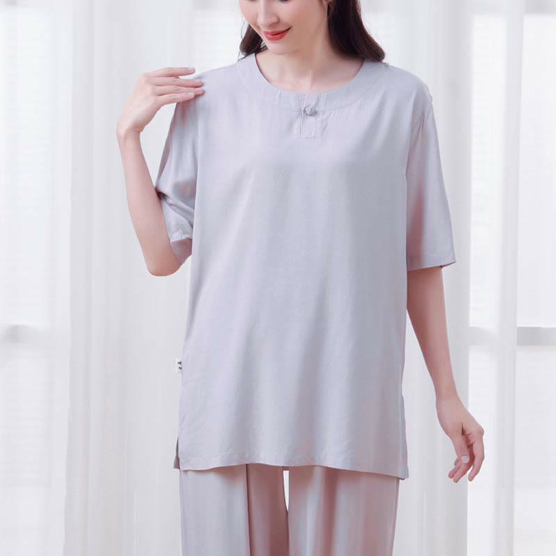 Buddha Stones 2pcs Plain Color Frog-Button Simple Design Crew Neck Design Half Sleeve Shirt Top Elastic Waist Pants Meditation Zen Tai Chi Cotton Clothing Women's Set - image 17