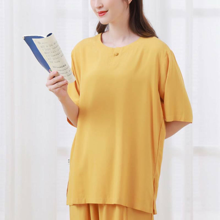 Buddha Stones 2pcs Plain Color Frog-Button Simple Design Crew Neck Design Half Sleeve Shirt Top Elastic Waist Pants Meditation Zen Tai Chi Cotton Clothing Women's Set - image 10