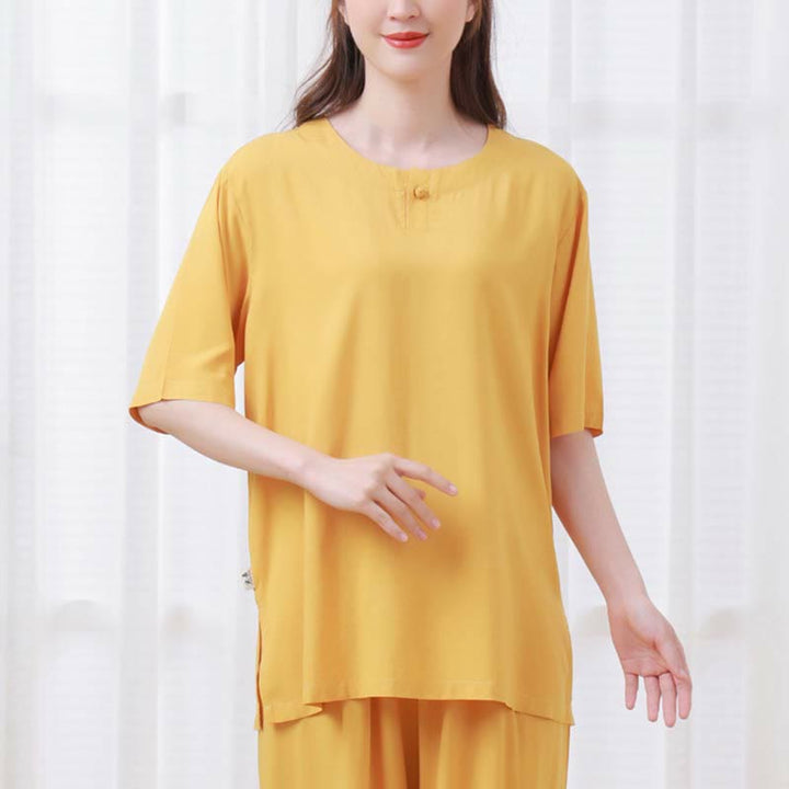 Buddha Stones 2pcs Plain Color Frog-Button Simple Design Crew Neck Design Half Sleeve Shirt Top Elastic Waist Pants Meditation Zen Tai Chi Cotton Clothing Women's Set - image 9