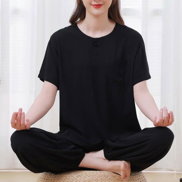 Buddha Stones 2pcs Plain Color Frog-Button Simple Design Crew Neck Design Half Sleeve Shirt Top Elastic Waist Pants Meditation Zen Tai Chi Cotton Clothing Women's Set - image 20