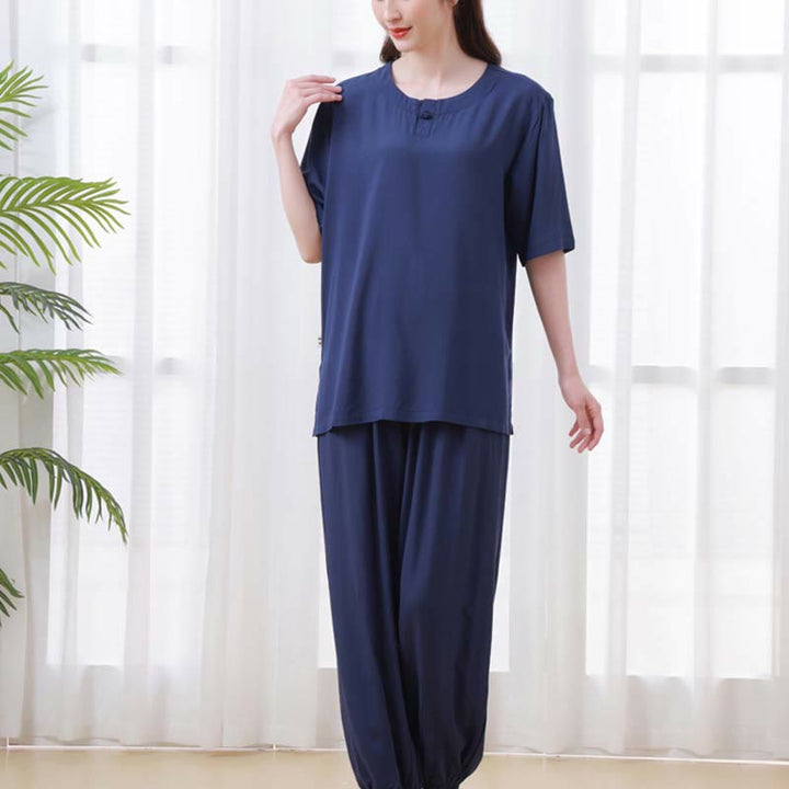 Buddha Stones 2pcs Plain Color Frog-Button Simple Design Crew Neck Design Half Sleeve Shirt Top Elastic Waist Pants Meditation Zen Tai Chi Cotton Clothing Women's Set - image 25