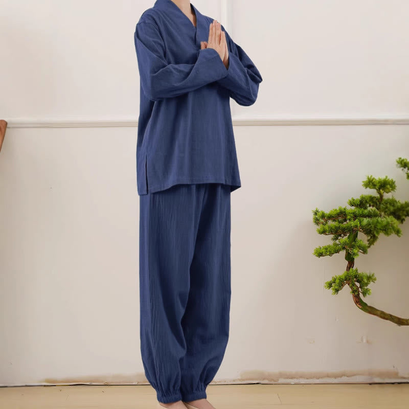 Buddha Stones Casual 2pcs Plain Long Sleeve Crumpling Design Shirt Top Skirt With Pockets Meditation Zen Tai Chi Clothing Women's Set - image 1