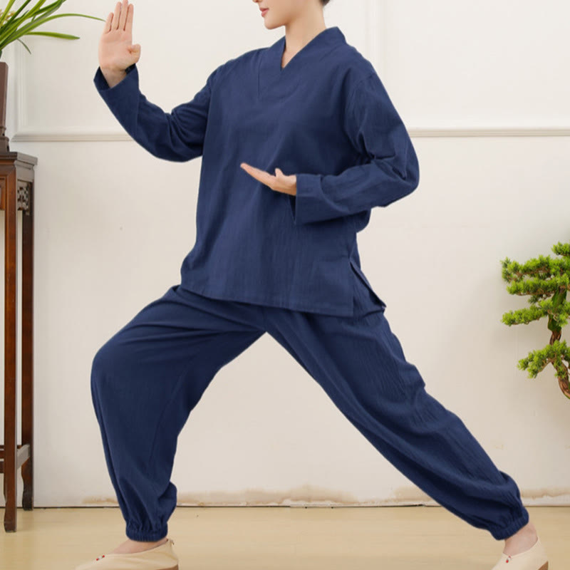 Buddha Stones Casual 2pcs Plain Long Sleeve Crumpling Design Shirt Top Skirt With Pockets Meditation Zen Tai Chi Clothing Women's Set - image 2