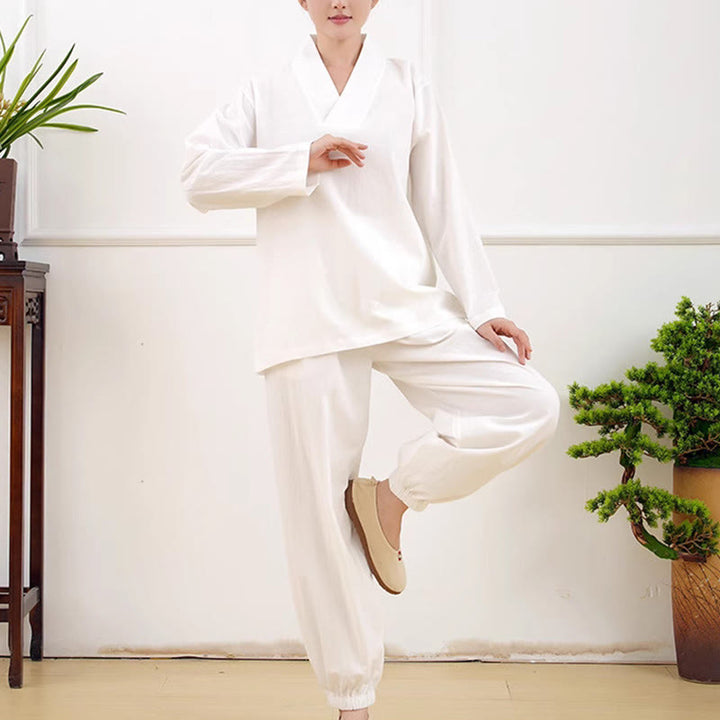 Buddha Stones Casual 2pcs Plain Long Sleeve Crumpling Design Shirt Top Skirt With Pockets Meditation Zen Tai Chi Clothing Women's Set - image 8
