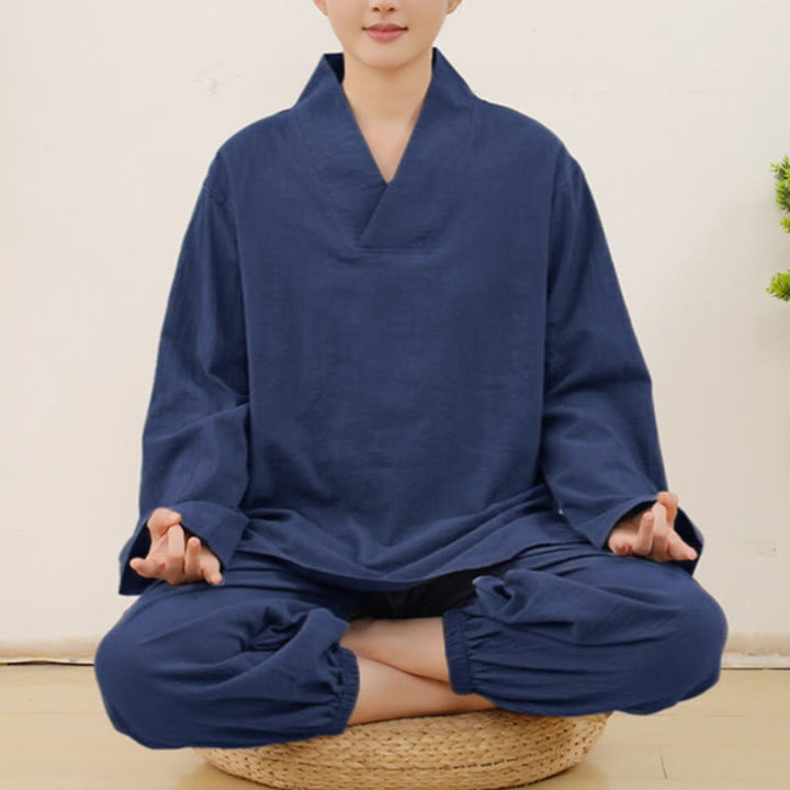 Buddha Stones Casual 2pcs Plain Long Sleeve Crumpling Design Shirt Top Skirt With Pockets Meditation Zen Tai Chi Clothing Women's Set - DarkBlue - US14，UK/AU18，EU46 (2XL) - image 0