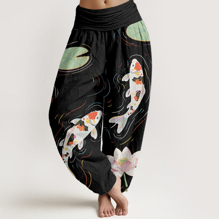 Buddha Stones Cotton Lotus Flower Lotus Leaves Koi Fish Water Ripples Pattern Women's Elastic Waist Harem Pants - Black - US22，UK/AU26，EU54 (6XL) - image 0