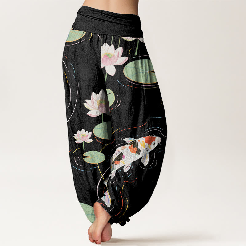 Buddha Stones Cotton Lotus Flower Lotus Leaves Koi Fish Water Ripples Pattern Women's Elastic Waist Harem Pants - image 1