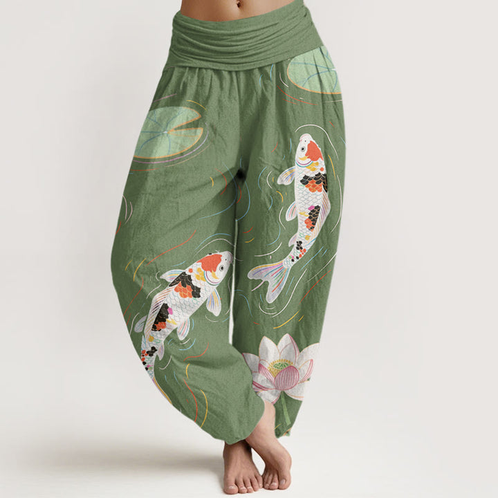 Buddha Stones Lotus Flower Lotus Leaves Koi Fish Water Ripples Pattern Women's Elastic Waist Harem Pants - MediumSeaGreen - US22，UK/AU26，EU54 (6XL) - image 4