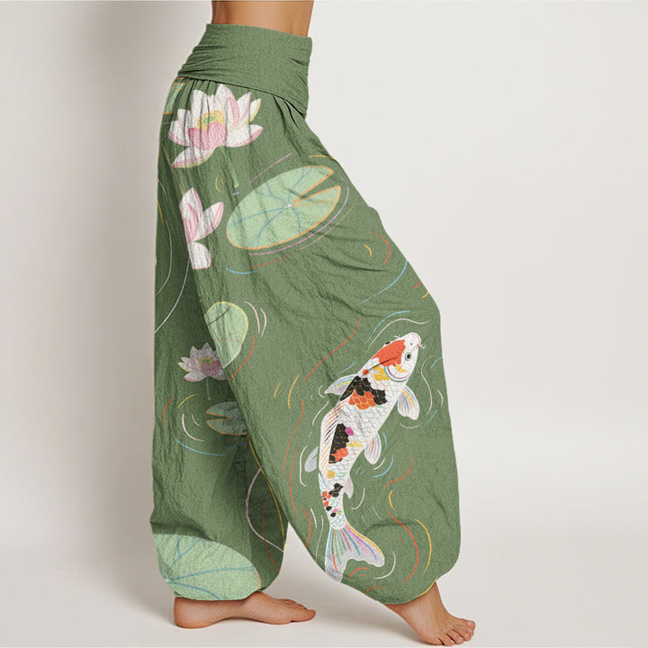Buddha Stones Cotton Lotus Flower Lotus Leaves Koi Fish Water Ripples Pattern Women's Elastic Waist Harem Pants - image 6