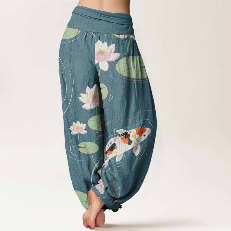 Buddha Stones Cotton Lotus Flower Lotus Leaves Koi Fish Water Ripples Pattern Women's Elastic Waist Harem Pants - image 8