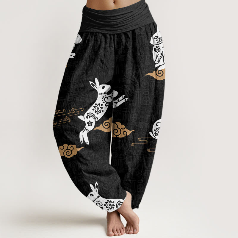 Buddha Stones White Rabbit Auspicious Cloud Pattern Women's Elastic Waist Harem Pants - Black - US22，UK/AU26，EU54 (6XL) - image 0