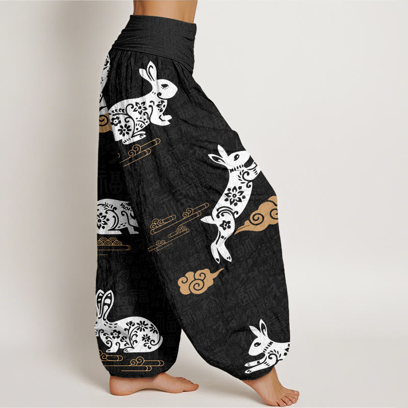 Buddha Stones White Rabbit Auspicious Cloud Pattern Women's Elastic Waist Harem Pants - image 2