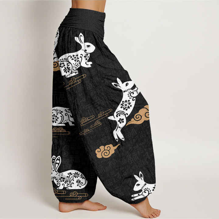 Buddha Stones White Rabbit Auspicious Cloud Pattern Women's Elastic Waist Harem Pants - image 2