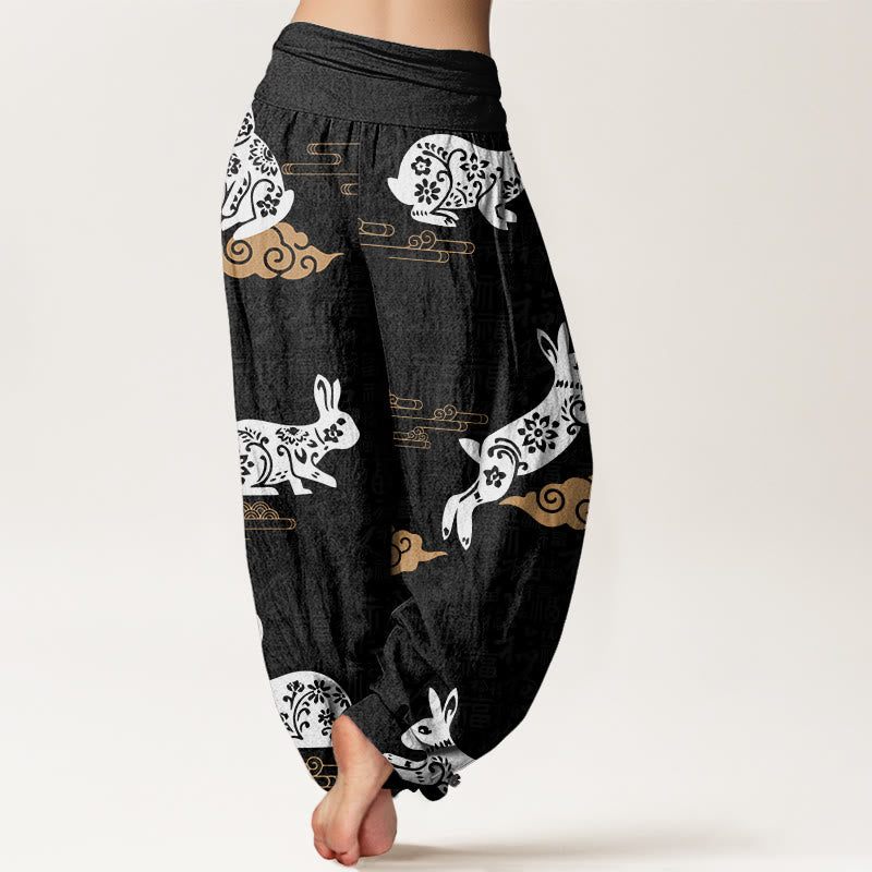 Buddha Stones White Rabbit Auspicious Cloud Pattern Women's Elastic Waist Harem Pants - image 1
