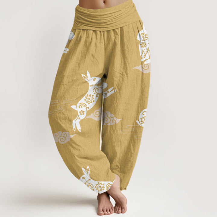 Buddha Stones White Rabbit Auspicious Cloud Pattern Women's Elastic Waist Harem Pants - Khaki - US22，UK/AU26，EU54 (6XL) - image 4