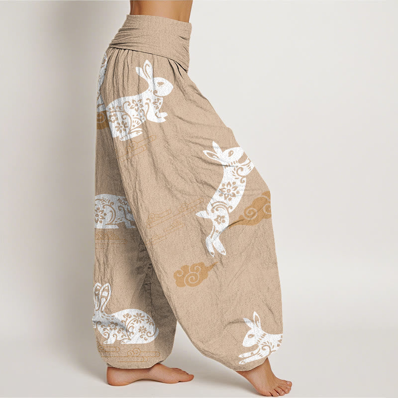 Buddha Stones White Rabbit Auspicious Cloud Pattern Women's Elastic Waist Harem Pants - image 9