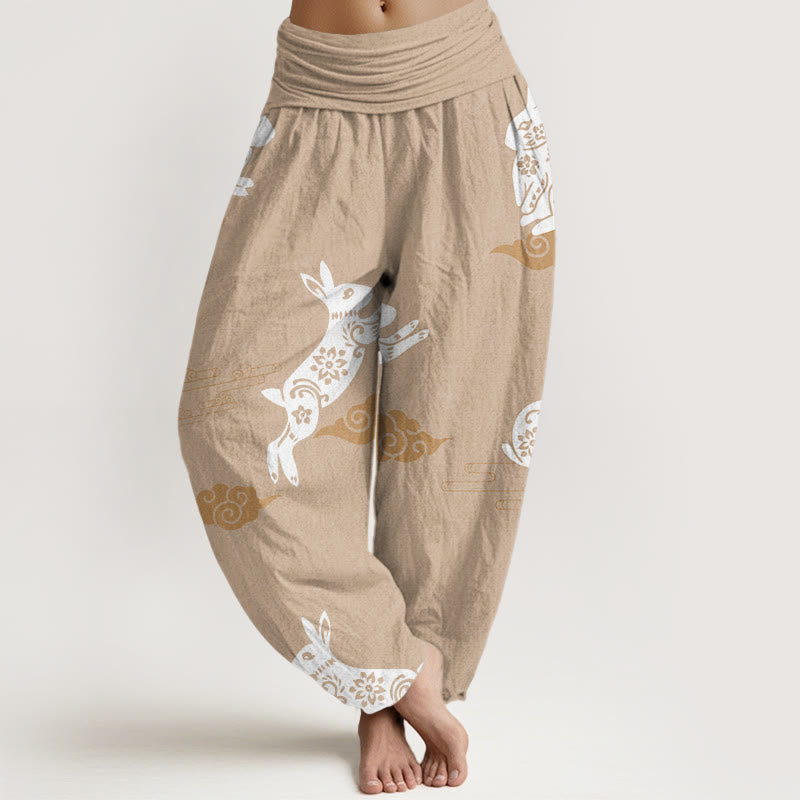Buddha Stones White Rabbit Auspicious Cloud Pattern Women's Elastic Waist Harem Pants - BurlyWood - US22，UK/AU26，EU54 (6XL) - image 7