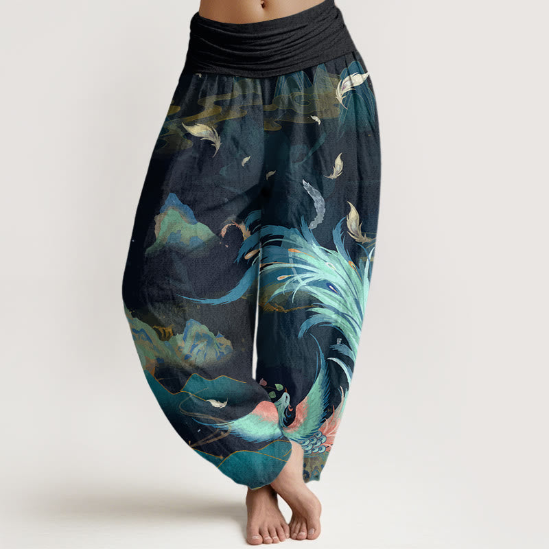 Buddha Stones Phoenix Mountain Cloud Pattern Women's Elastic Waist Harem Pants - DarkCyan - US22，UK/AU26，EU54 (6XL) - image 0