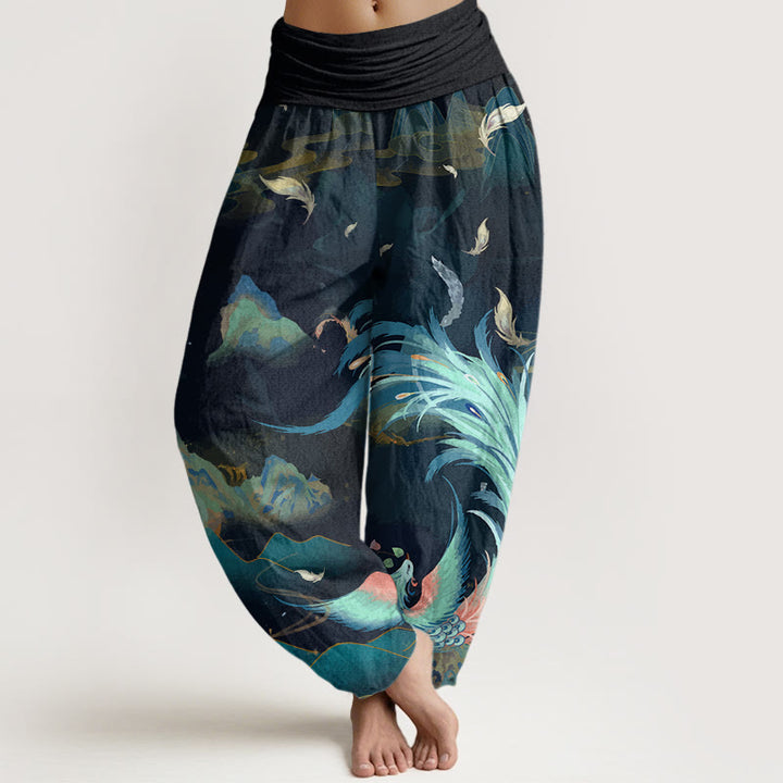 Buddha Stones Phoenix Mountain Cloud Pattern Women's Elastic Waist Harem Pants - DarkCyan - US22，UK/AU26，EU54 (6XL) - image 0