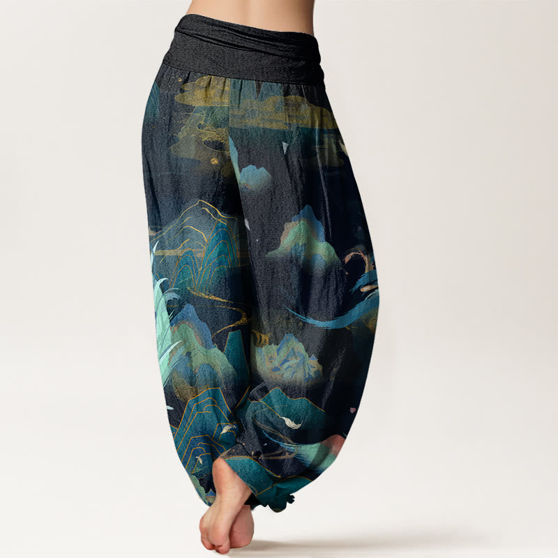 Buddha Stones Phoenix Mountain Cloud Pattern Women's Elastic Waist Harem Pants - image 1