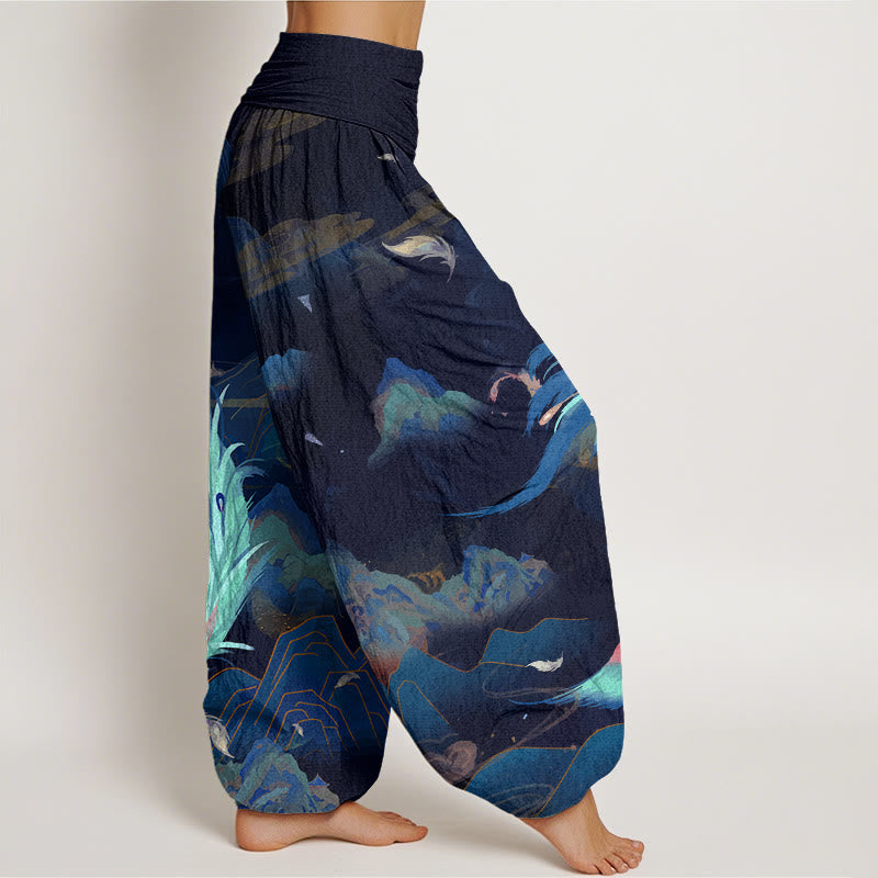 Buddha Stones Phoenix Mountain Cloud Pattern Women's Elastic Waist Harem Pants - image 9