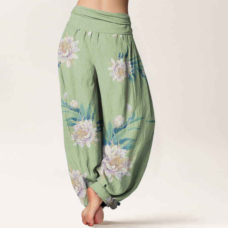 Buddha Stones Epiphyllum Pattern Women's Elastic Waist Harem Pants - image 1