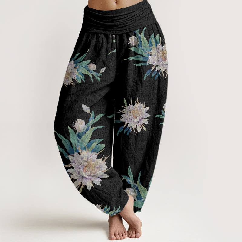 Buddha Stones Epiphyllum Pattern Women's Elastic Waist Harem Pants - Black - US22，UK/AU26，EU54 (6XL) - image 4