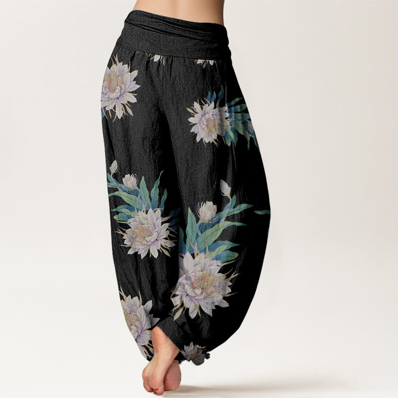 Buddha Stones Epiphyllum Pattern Women's Elastic Waist Harem Pants - image 5