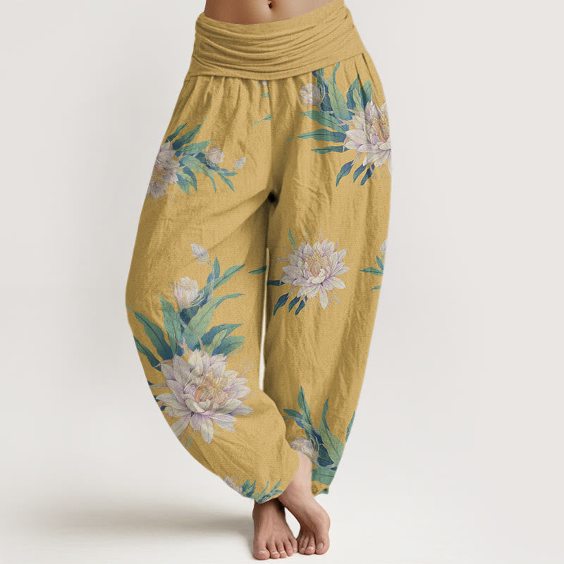 Buddha Stones Epiphyllum Pattern Women's Elastic Waist Harem Pants - Gold - US22，UK/AU26，EU54 (6XL) - image 7