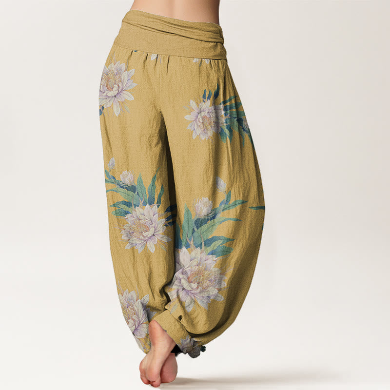 Buddha Stones Epiphyllum Pattern Women's Elastic Waist Harem Pants - image 9