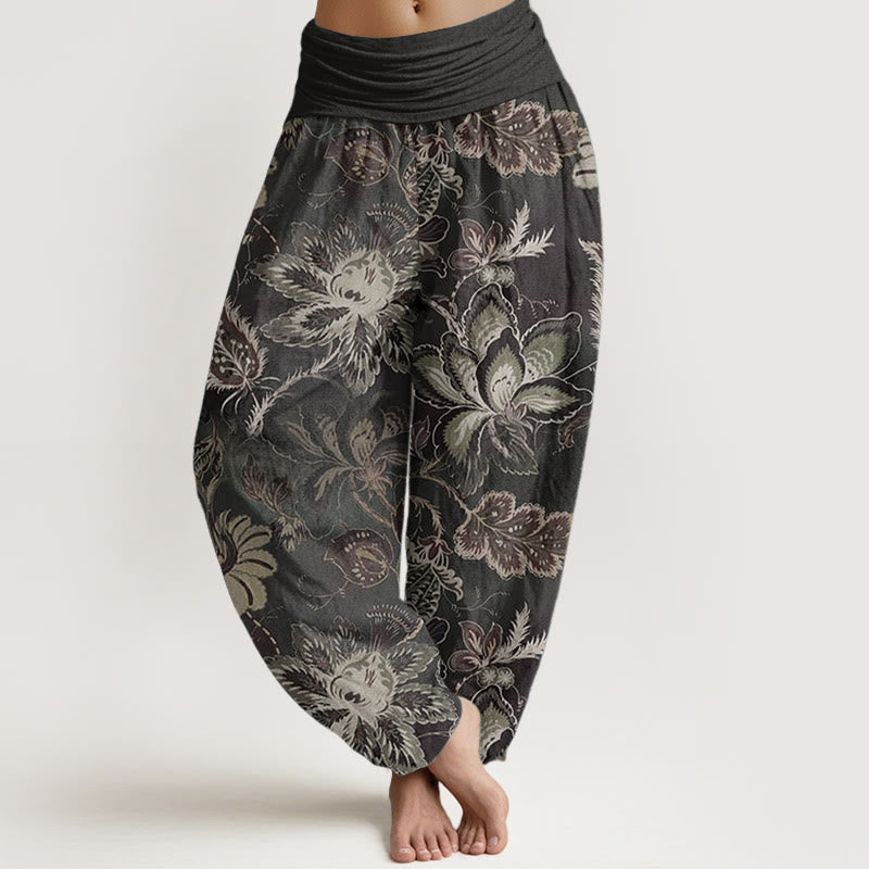 Buddha Stones Pure Cotton Casual Floral Leaves Women's Elastic Waist Harem Pants - Black - US22，UK/AU26，EU54 (6XL) - image 0