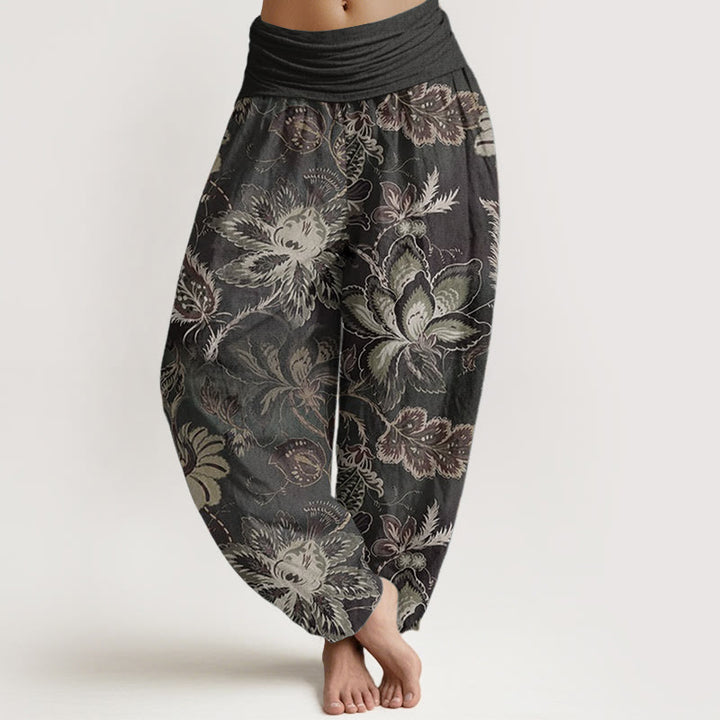 Buddha Stones Pure Cotton Casual Floral Leaves Women's Elastic Waist Harem Pants - Black - US22，UK/AU26，EU54 (6XL) - image 0