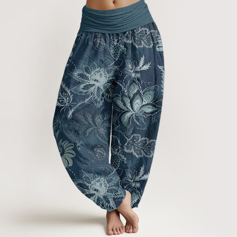 Buddha Stones Pure Cotton Casual Floral Leaves Women's Elastic Waist Harem Pants - SteelBlue - US22，UK/AU26，EU54 (6XL) - image 5