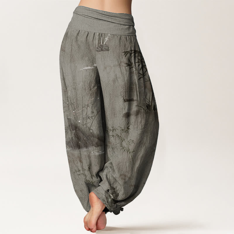 Buddha Stones Pure Cotton Casual Bamboo Rock Ink Painting Women's Elastic Waist Harem Pants - image 7
